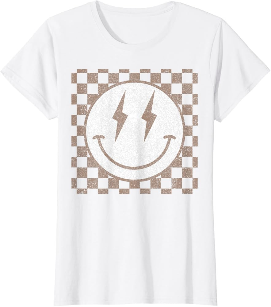 Retro Happy Face Checkered Pattern Smile Face Trendy T-Shirt | Amazon (US)