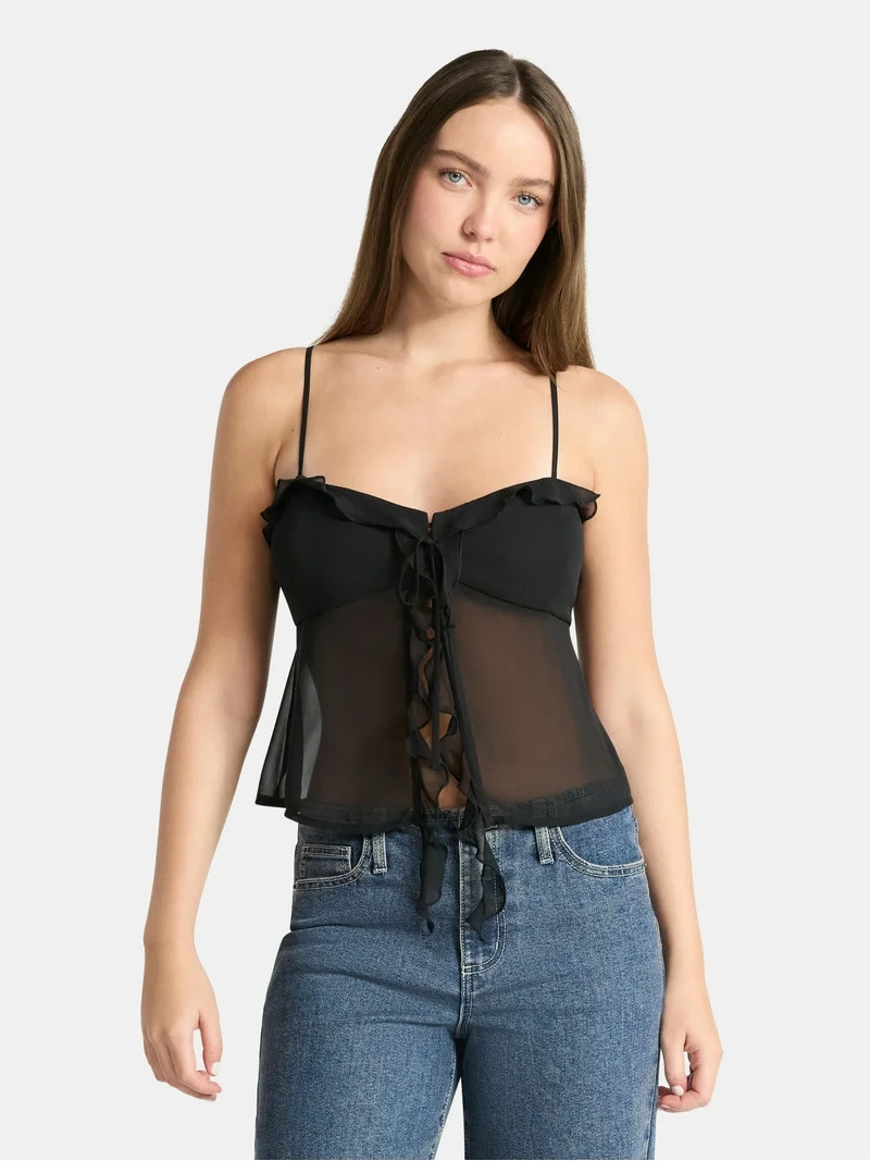 No Boundaries Chiffon Ruffle Tie Front Cami, Women's | Walmart (US)