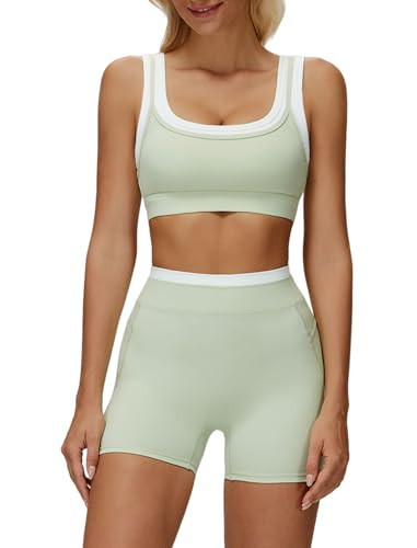 2 Piece Workout Sets for Women Racerback U Back Color Block Crop Tank Sports Bras Matching Tummy Control Biker Shorts Womens Two Piece Athletic Set Gym Wear Active Yoga Outfits S Green | Amazon (US)