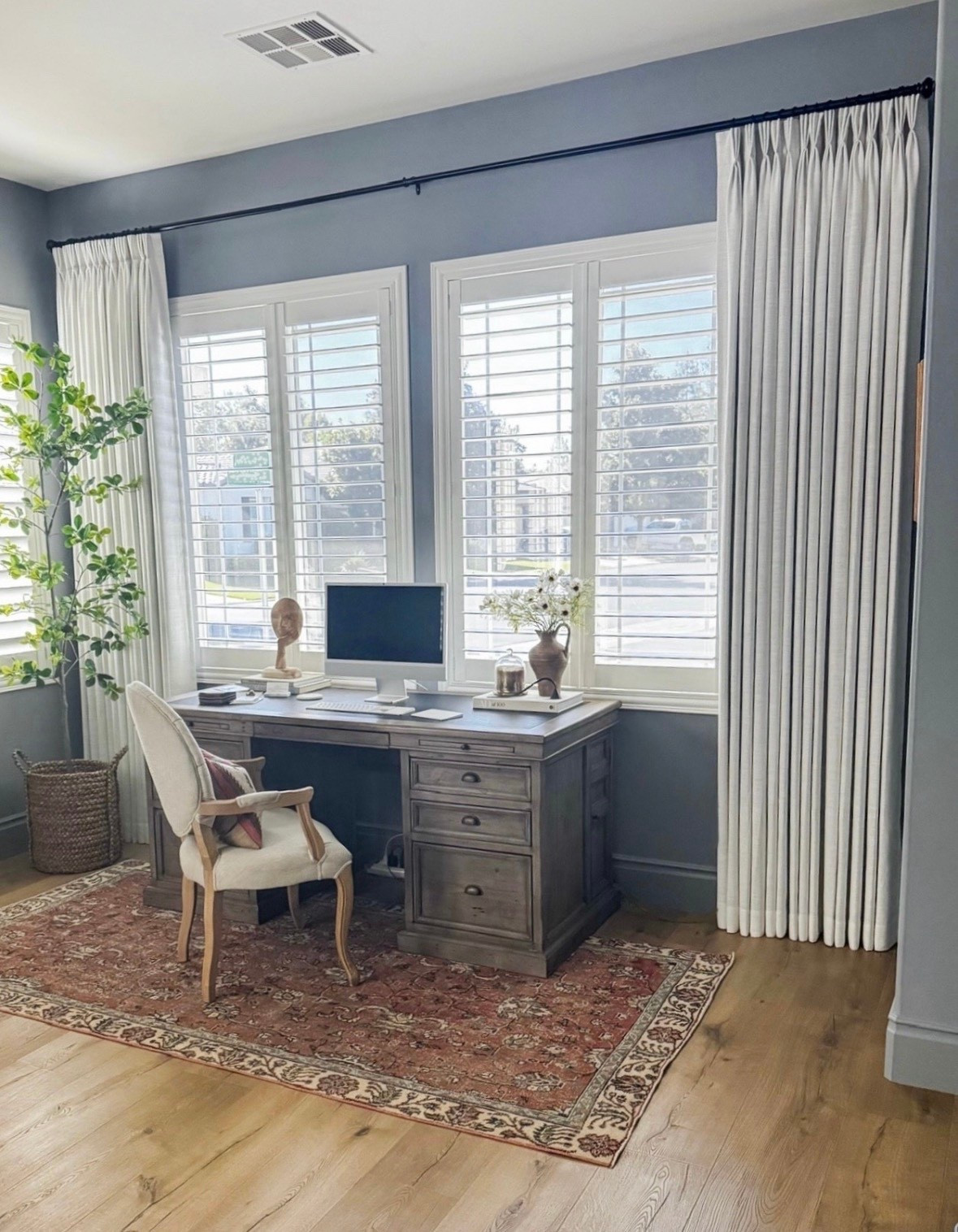 Custom Linen Blend Triple French Pleat Drapes that exceed all expectations! | Learn more about these window treatments on the blog at www.southworth-design.com | Home Office Refresh | home office makeover | home office decor | terracotta vase | candle | coffee table book | vintage rug | home office desk | vintage inspired furniture #LTKStyleTip 

#LTKGiftGuide #LTKHome #LTKFindsUnder50