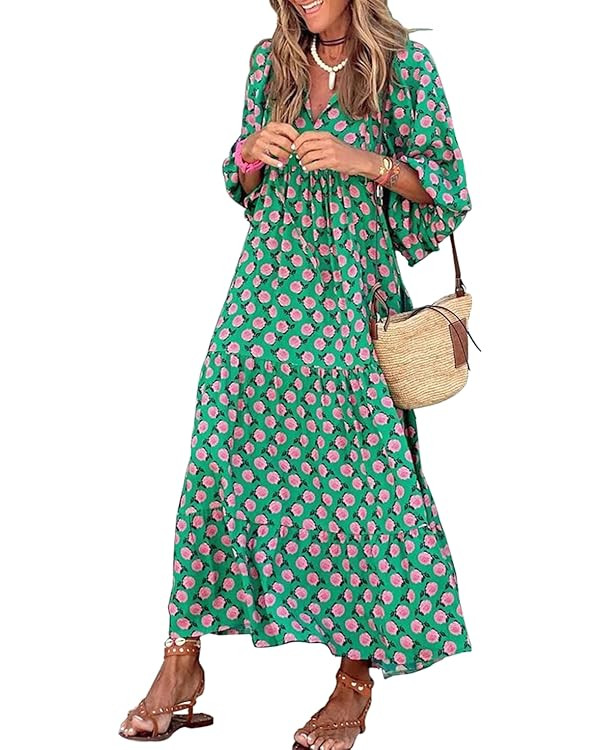 miduo Womens Loose Fit Casual Summer V Neck Half Sleeve Bohemian Geometric Pattern Maxi Long Dres... | Amazon (US)