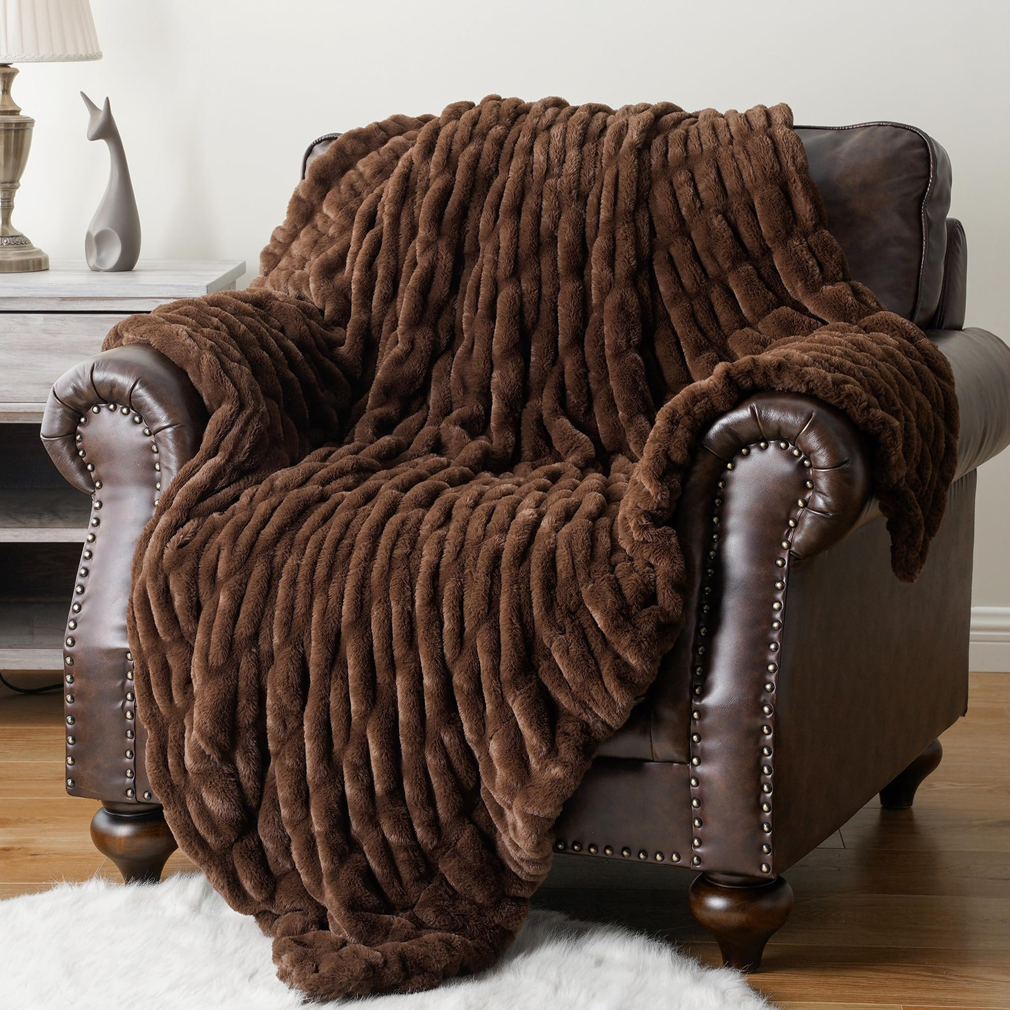 BATTILO HOME Rust Brown Faux Fur Throw Blanket, Large Double Sided Reversible Ruched Rabbit Fur B... | Amazon (US)