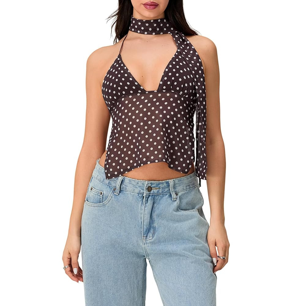 Mxiqqpltky Polka Dot Camisole Tops for Women Y2k Halter V-Neck Backless Tank Top Going Out Crop T... | Amazon (US)