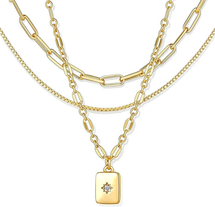 YEEZII Layered Gold Necklaces for Women Trendy, 3 Pcs 14K Gold Plated Choker Paperclip Box Chain ... | Amazon (US)