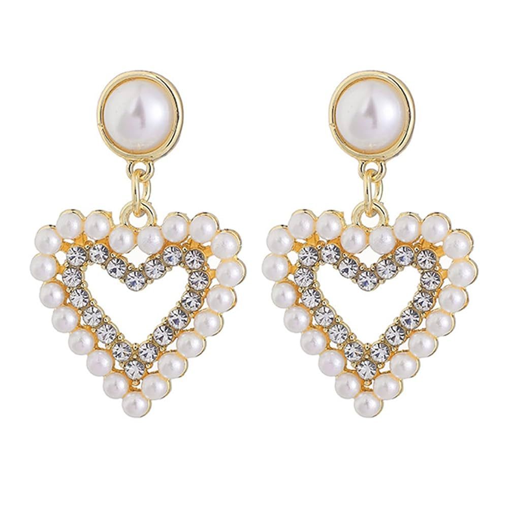 WCRAZYE Pearl Heart Earrings for Women Girls Dainty Handmade Gold Pearl Red Diamond Love Heart Sh... | Amazon (US)