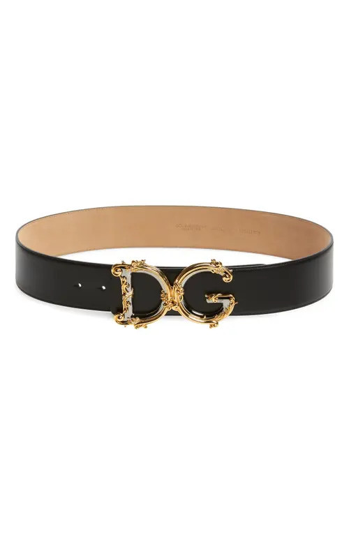 Dolce&Gabbana DG Baroque Buckle Calfskin Leather Belt in Nero at Nordstrom, Size 80 | Nordstrom