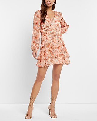 Metallic Floral Print Ruched Waist Ruffle Hem Mini Dress | Express