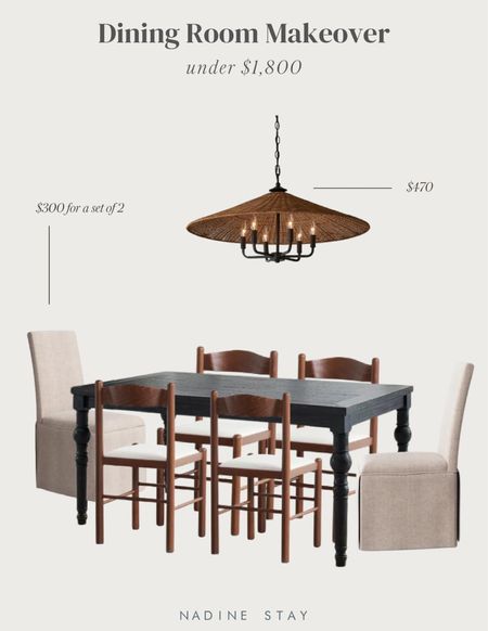 Dining room makeover under $1,800 // budget friendly black dining table // wood dining chairs // woven rattan chandelier // linen dining chairs 

#LTKhome
