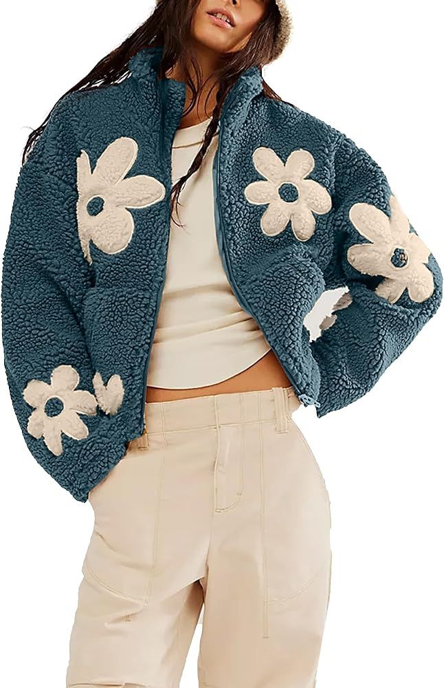 Womens Floral Print Sherpa Fleece Jackets Winter Zipper Cropped Coat Casual Long Sleeve Outwear w... | Amazon (US)