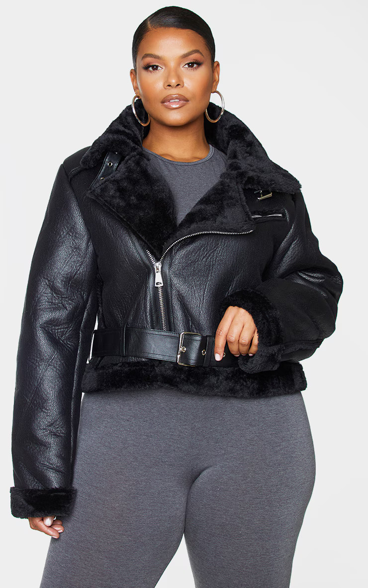 Plus Black PU Cropped Belted Aviator | PrettyLittleThing US