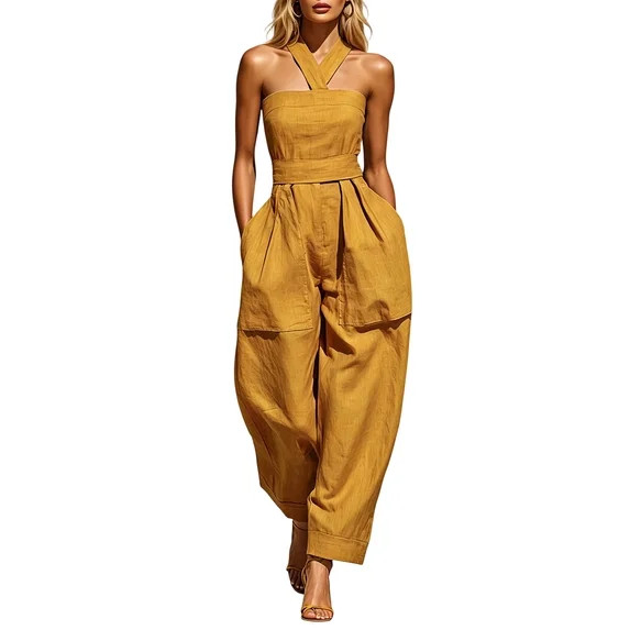 JULMCOMO Jumpsuits for Women Open Back Halter Tie Back Summer Jumpsuits Cinched Waist Loose Fit C... | Walmart (US)
