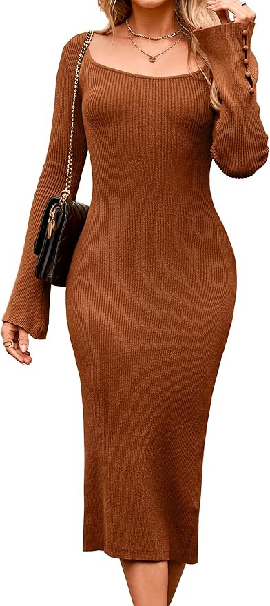Simplee Womens Long Sleeve Bodycon Fall Sweater Dress Square Neck Slit Ribbed Knit Slim Fit Midi ... | Amazon (US)