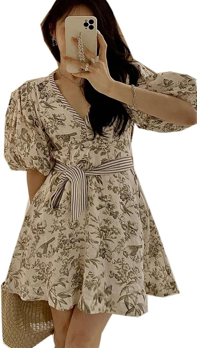 Aofur Summer Cotton V Neck Long Losse Sleeve Casual Party A-Line Dresses Embroidery Short Dress | Amazon (US)