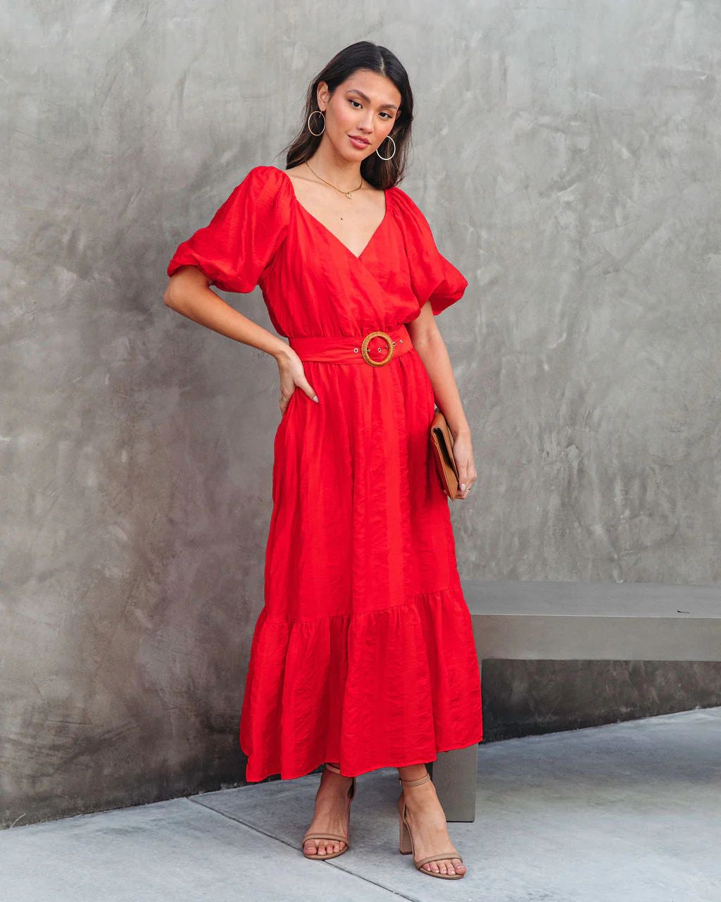 Under The Tuscan Sun Puff Sleeve Belted Midi Dress | VICI Collection