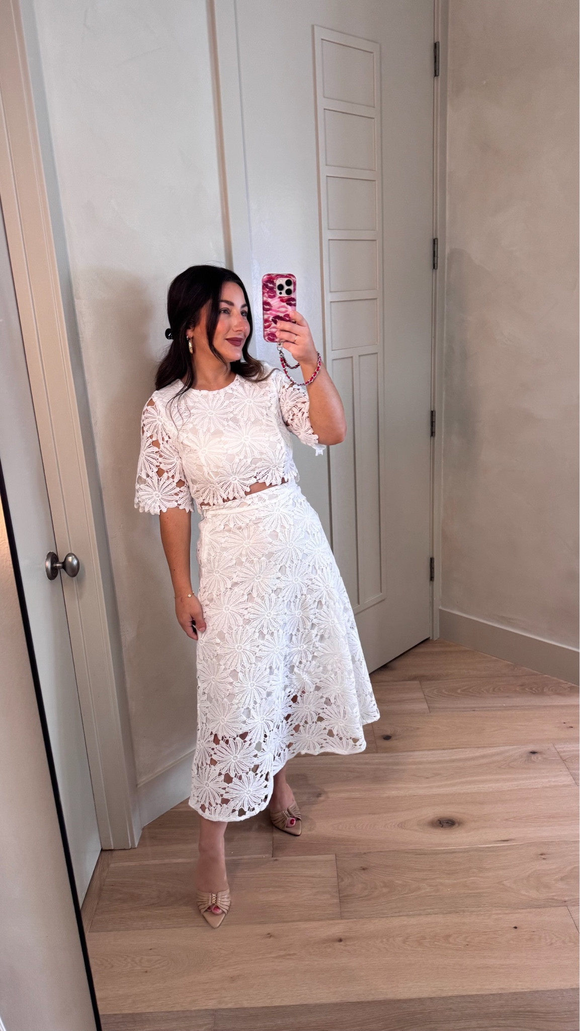Gorgeous lace cropped top and skirt! Perfect for events this season! Showers, graduation, birthday dinner! 

I'm in a size small 
Runs TTS but slightly tight around the waist so size up if in between!

5'0" 140lbs 
Petite friendly

#LTKPetite #LTKTravel #LTKWedding