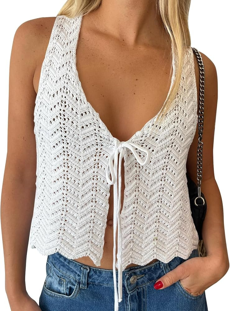 LILLUSORY Crochet Tops for Women Summer Vacation Outfits Beach Cover Up Going Out Tie Front Sprin... | Amazon (US)