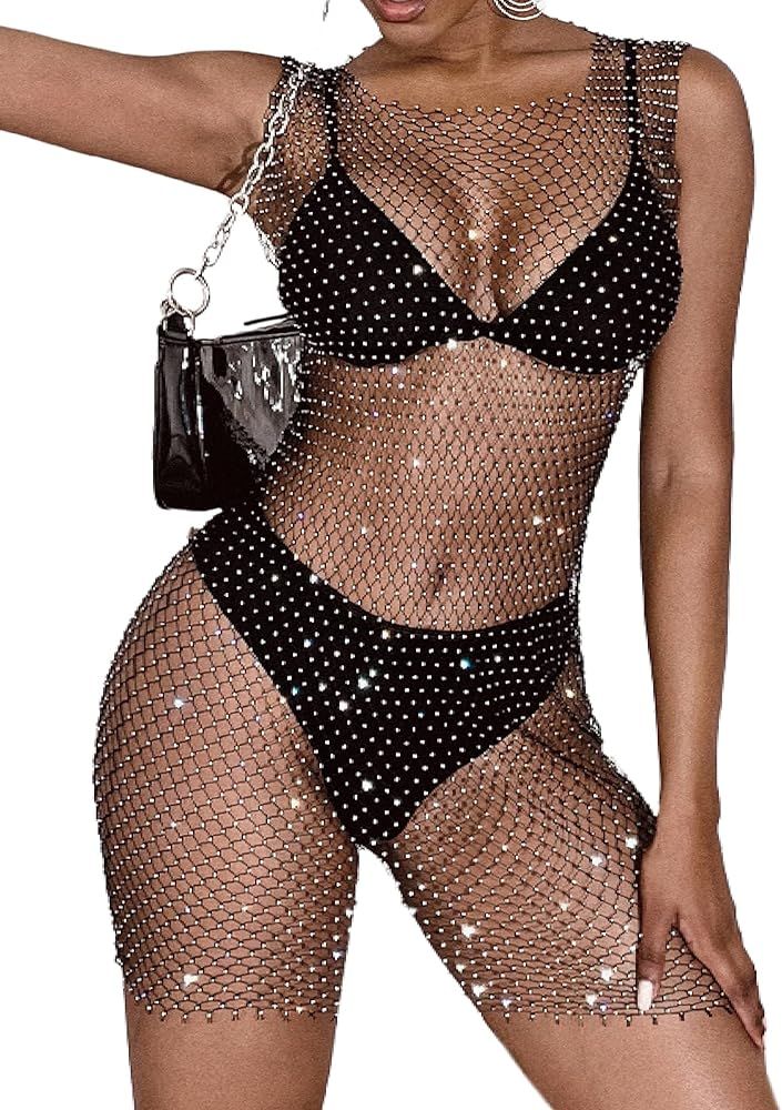 MakeMeChic Women's Sheer Mesh Rhinestone Cover Up Dress Sexy Fishnet Mini Beach Cover Ups | Amazon (US)