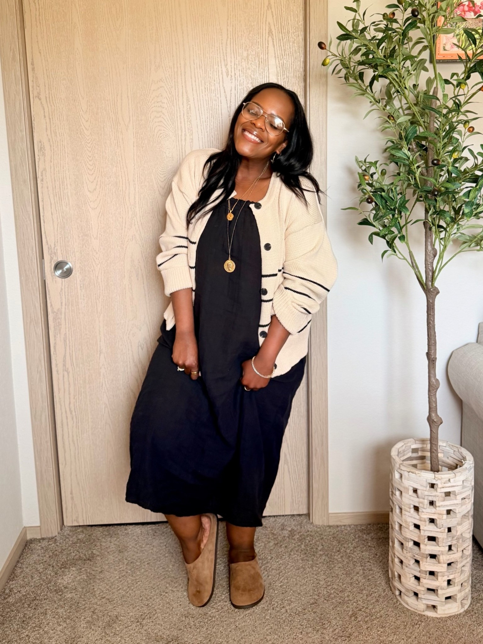 Love this easy and super affordable teacher and classroom friendly outfit all for under $35! Wearing a small in dress and large in cardigan.