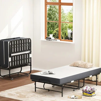 Twin Folding Bed With High Sponge Mattress - Portable Extra For Guests, Metal Frame, 75" X 38 38" Memory Foam Foldable Any Occasion, Construction, Bla | Wayfair North America
