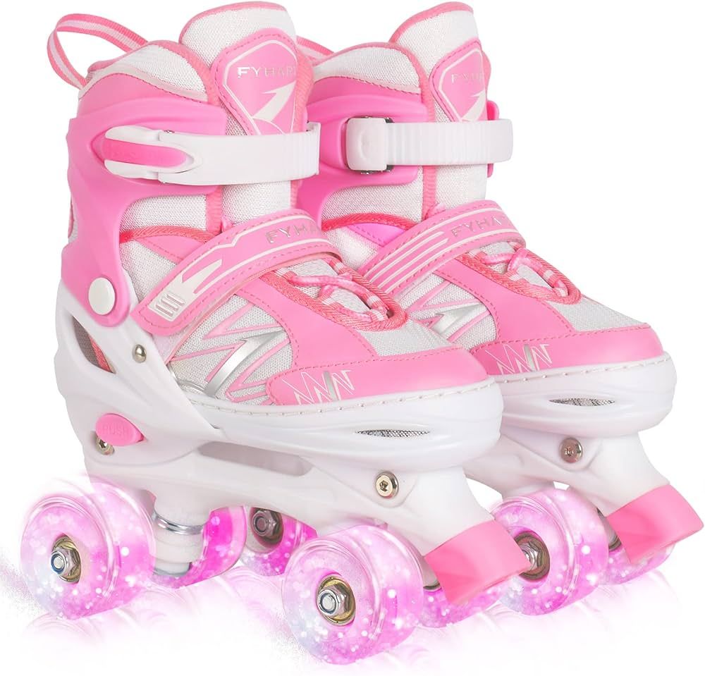 Kids Roller Skates for Girls Child Beginner Toddlers, 4 Sizes Adjustable Roller Skates with Light... | Amazon (US)