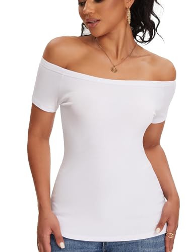 White Off The Shoulder Tops for Women Short Sleeve Shirts Ribbed Basic Trendy Stretchy Lightweight Tops(White Large) | Amazon (US)