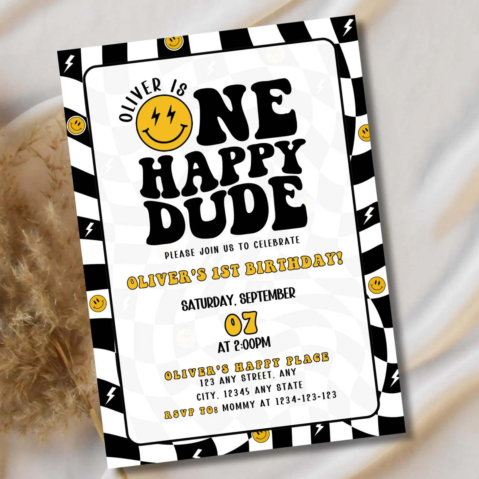 Editable Canva Template Smiley Face Instant Download Boy 1st Birthday Invitation One Happy Dude B... | Etsy (US)