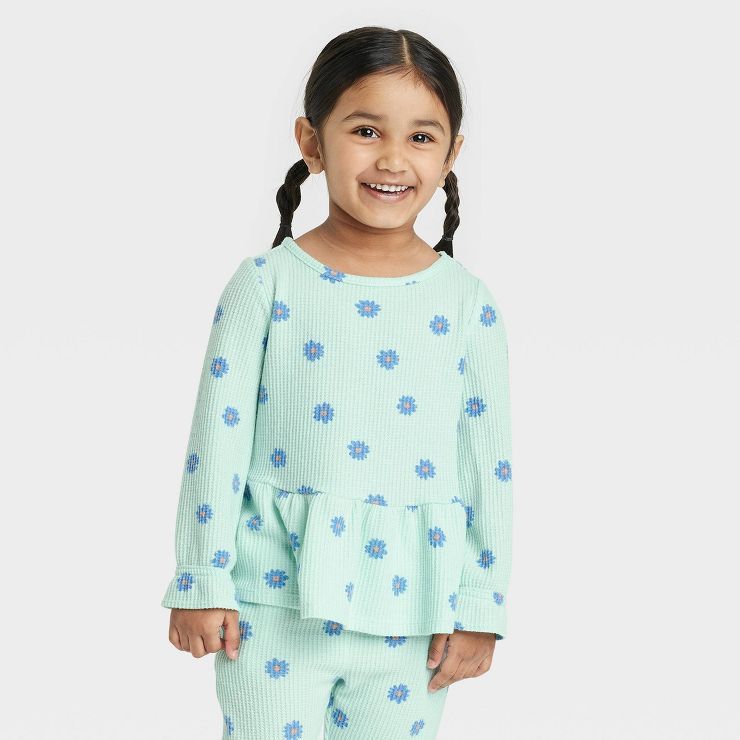 Toddler Girls' Floral Waffle Long Sleeve Top - Cat & Jack™ Mint Green | Target
