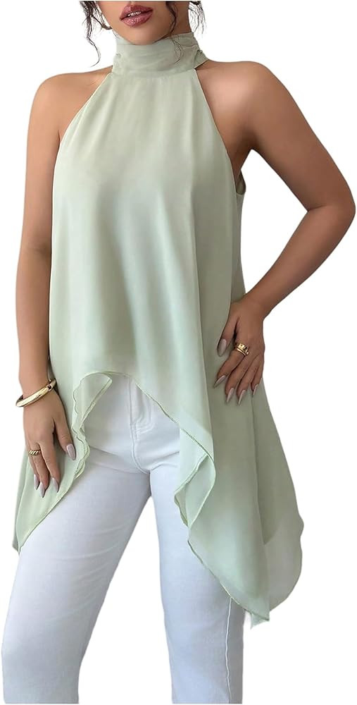 Verdusa Women's Halter Tops Asymmetrical Hem Sleeveless Tie Back Blouse Layer Flowy Going Out Top | Amazon (US)