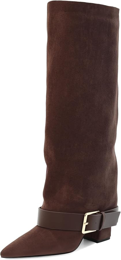Knee High Boots Women Fold Over Chunky High Heel Wide Calf Pointed Toe Boots Belt Buckle Fall Lon... | Amazon (US)
