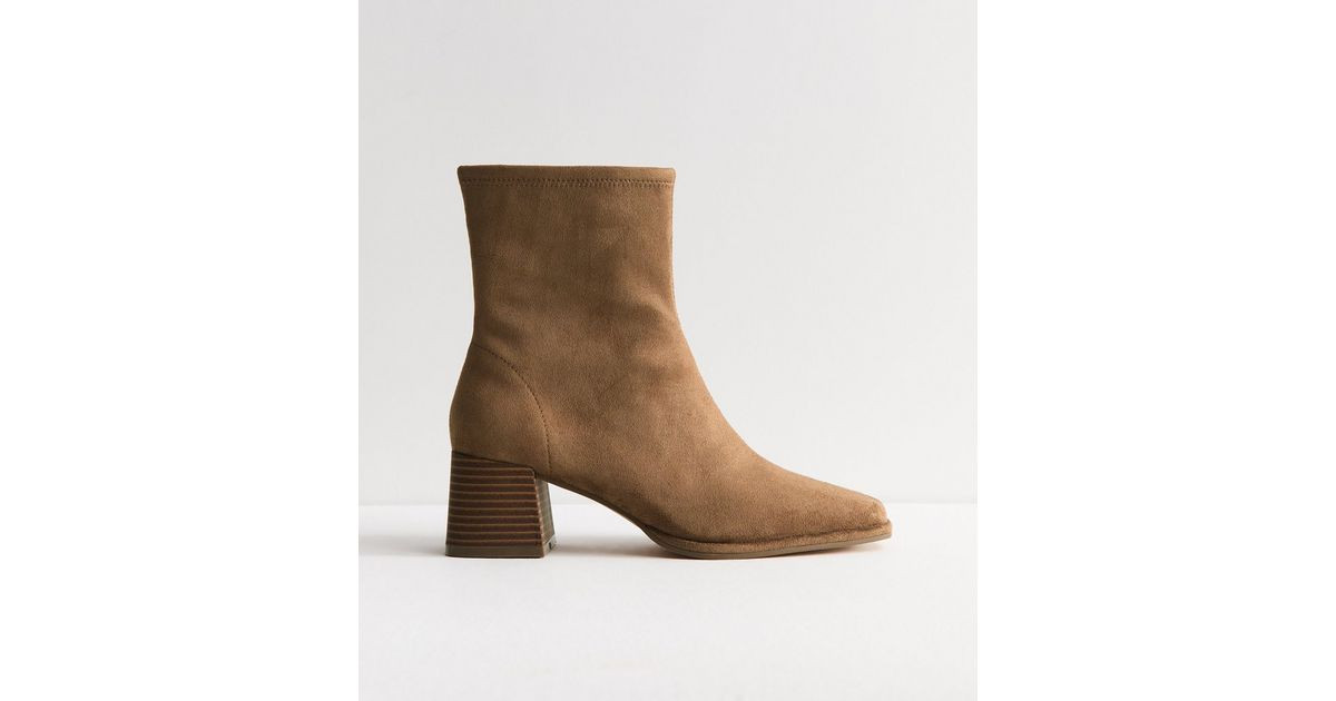Women's Camel Faux Suede Stacked Heel Ankle Boots Vegan New Look | New Look (UK)