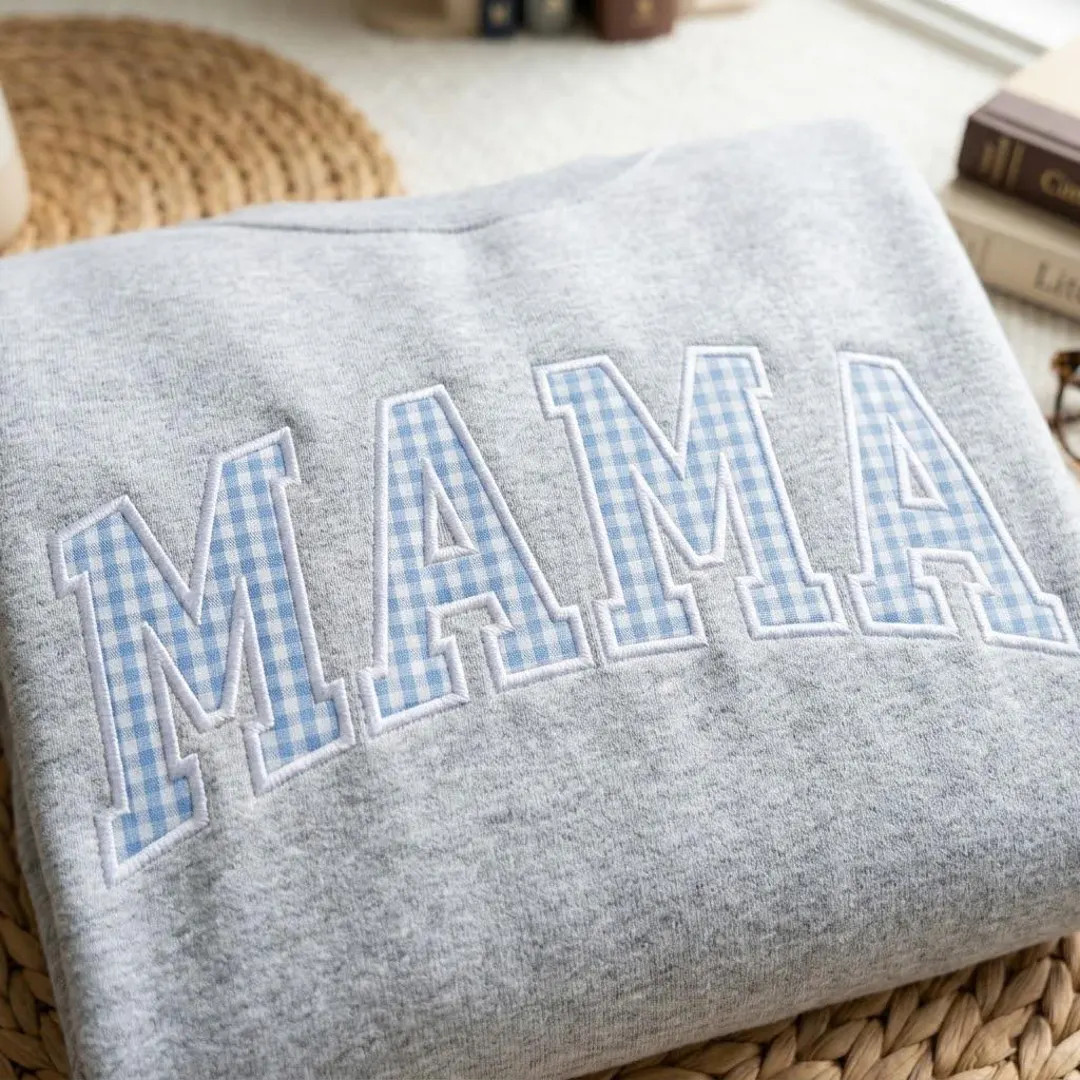 Embroidered Custom Mama Mini Applique Sweatshirt, Gingham Applique Shirt, Personalized Varsity Le... | Etsy (Global)