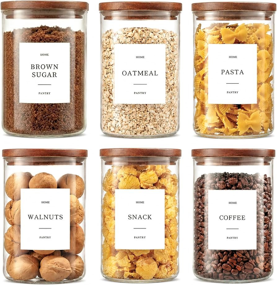 Set of 6 Glass Pantry Jars with Acacia Wood Lids, 32oz Airtight Pantry Storage Containers with 10... | Amazon (US)