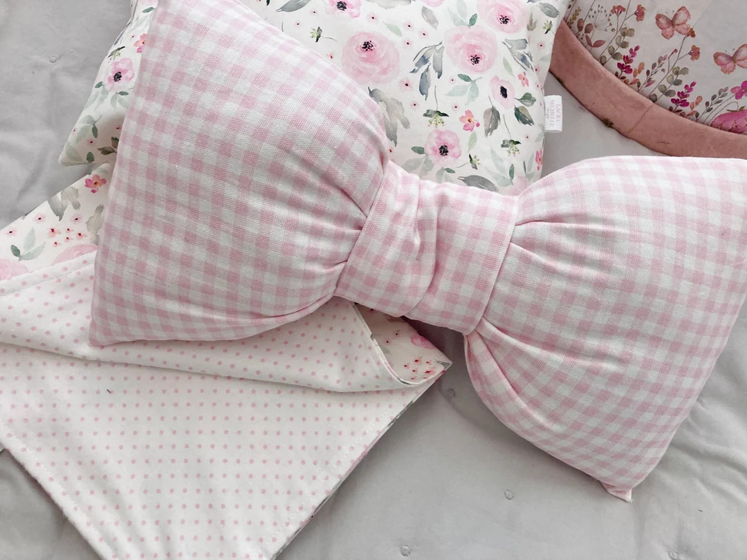 Personalized Bow Pillow for Girls Room, Pink Gingham, Red Velvet, Embroidered Name, Kids, Home De... | Etsy (US)