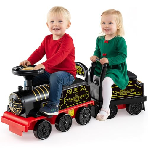 OLAKIDS 6V 2-Seater Ride on Train with Carriage, Storage, Train Whistle, Music, Lights for 18 Months+ (2 Seaters, Retro) | Amazon (US)