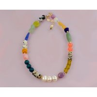 Colorful Pearl Beaded Necklace, Multicolored Statement Rainbow Jewelry, Gemstone Necklace, Colorblock Necklace | Etsy (US)