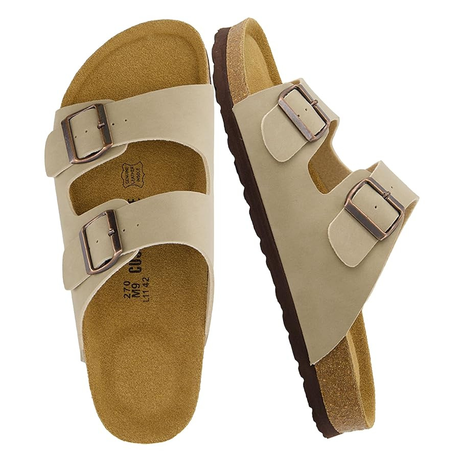 CUSHIONAIRE Lane Cork Footbed Mens Sandals, Adjustable Buckle Comfort Slides for Men, Genuine Lea... | Amazon (US)
