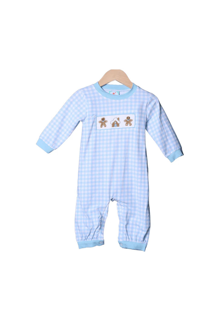 Smocked Gingerbread Blue Gingham Romper | The Smocked Flamingo