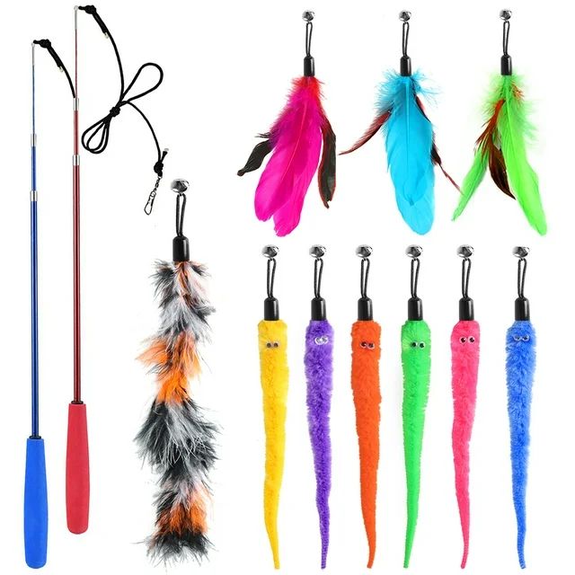 Syeenify  Cat Toys, 2PCS Retractable Cat Wand Toy and 10PCS Cat Feather Toys Cat Teaser Toy Refil... | Walmart (US)