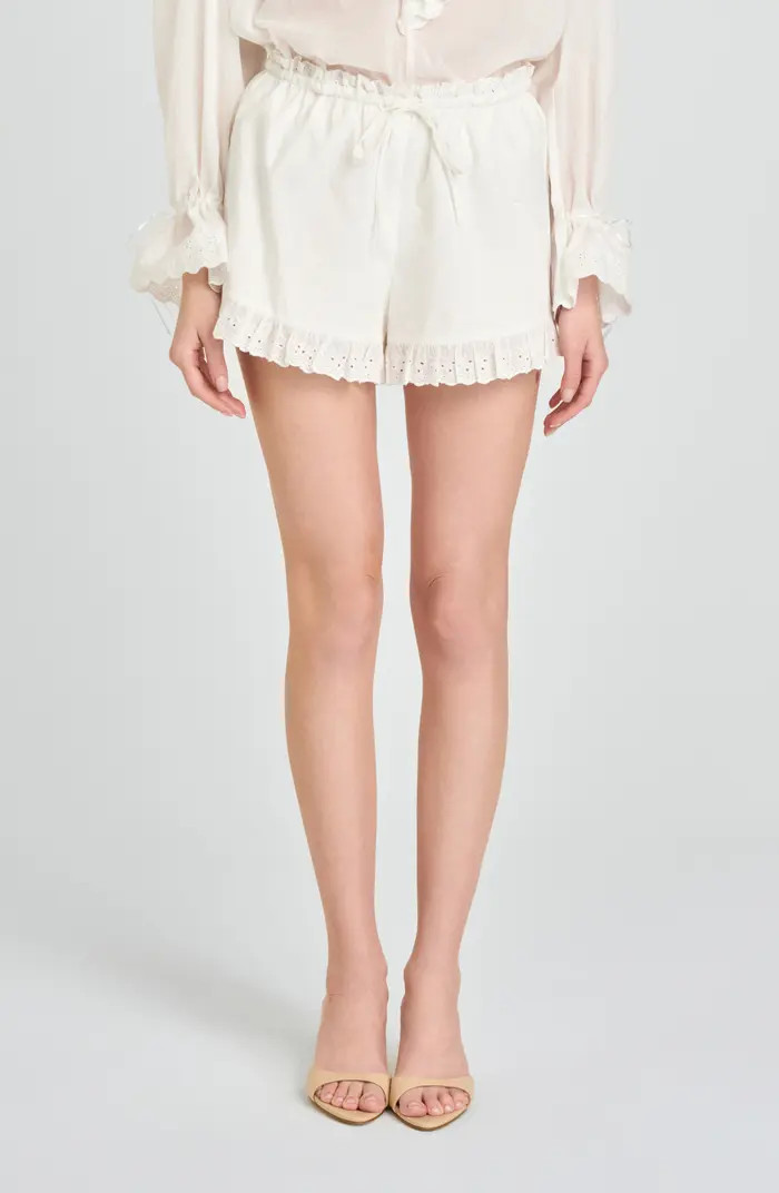 Helena Eyelet Ruffle Stretch Cotton Shorts | Nordstrom