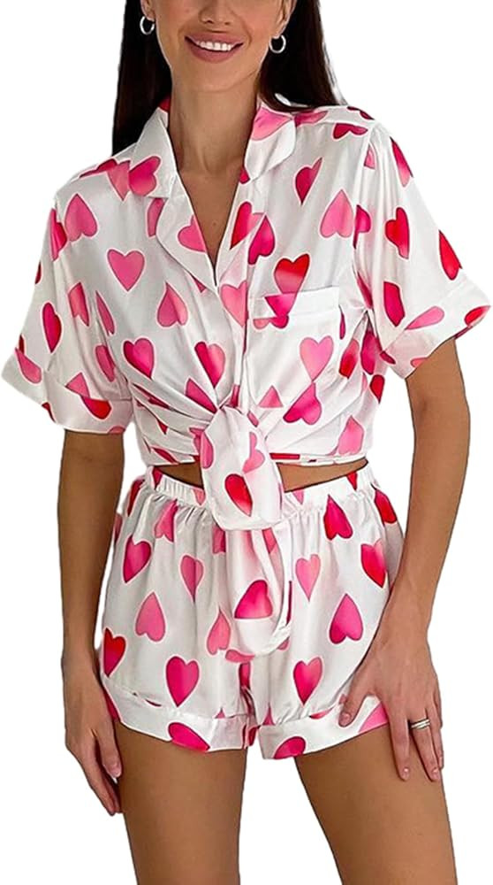Amiblvowa Women 2 Piece Y2k Pajama Set Short Sleeve Lapel Collared Button Down Shirt Shorts Set C... | Amazon (US)