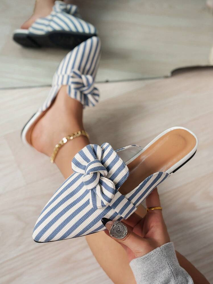 Women's Spring/Autumn Korean Style Pointed Toe Light Blue Bowknot Vertical Striped Design Versati... | SHEIN