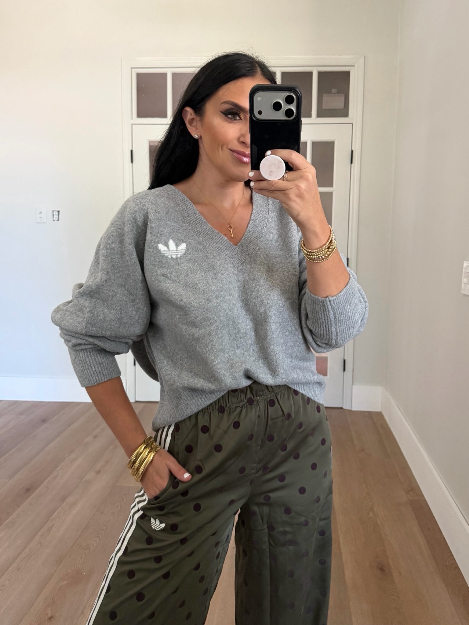 Essentials Knit V-Neck Sweatshirt Long Sleeve wearing size medium. adidas Originals Women's Satin Polka Dots Wide Leg Pant