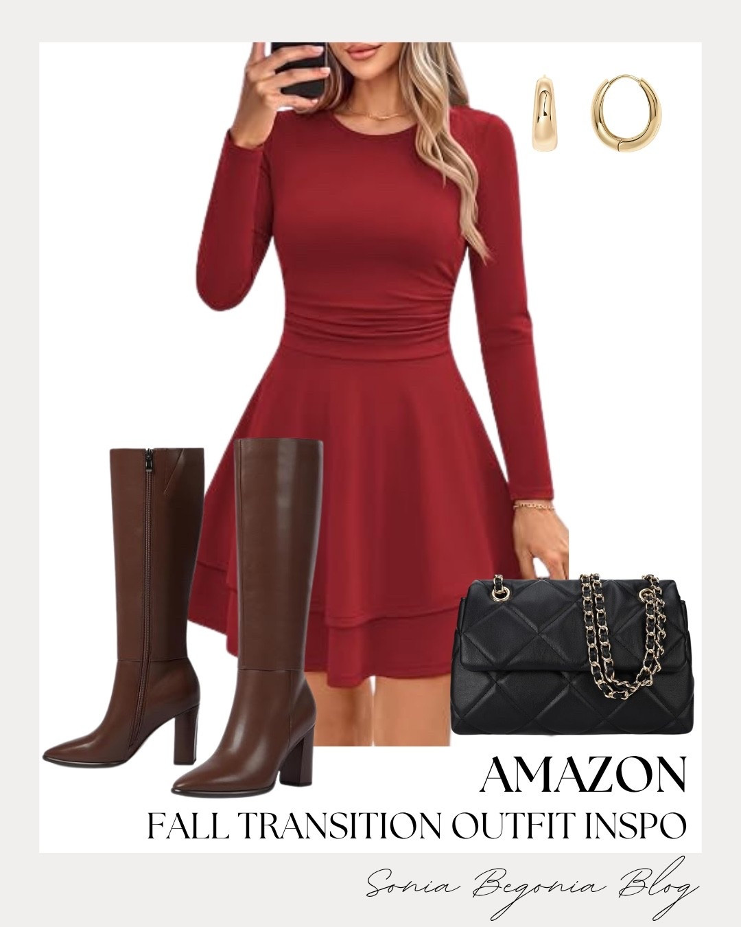 Effortless fall transition style! 🍂 

Styled a deep red long-sleeve skater dress with rich brown knee-high boots, a black quilted chain shoulder bag, and simple gold hoop earrings. ✨

#AmazonFashion #FallTransition #OOTD #LTKfashion #FallStyle #LTKshopper

#LTKootd #LTKSeasonal