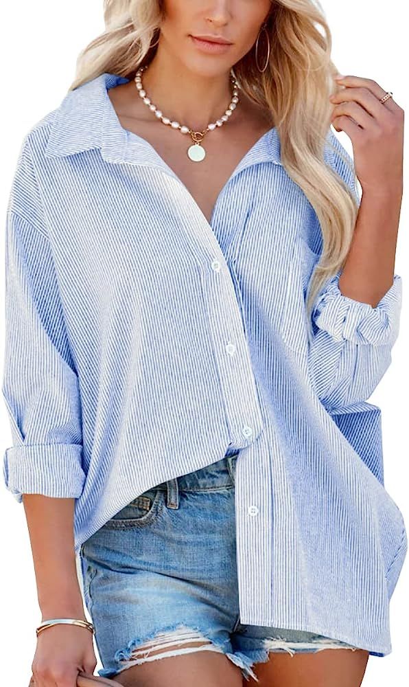 Flowyair Women's Long Sleeve Button Down Shirts Casual Oversized V Neck Blouse Loose Fit Striped ... | Amazon (US)