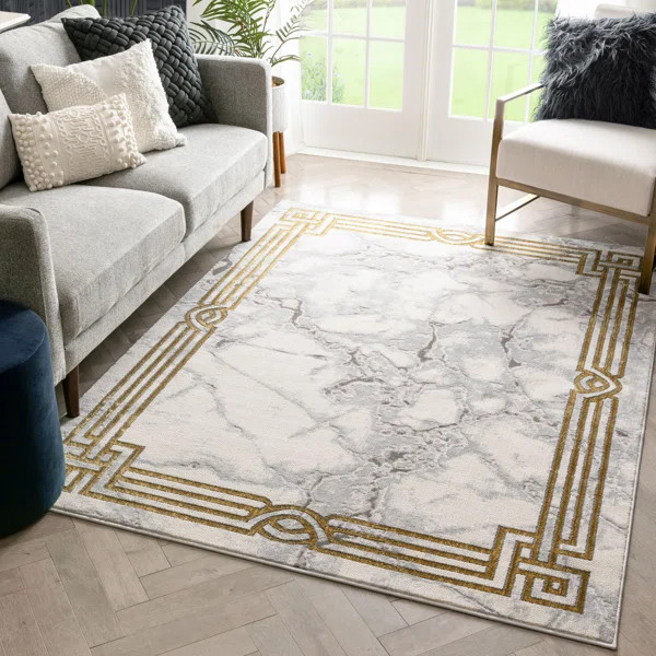 Fairmont Huntington Marble Border Power Loom Ivory Rug | Wayfair North America