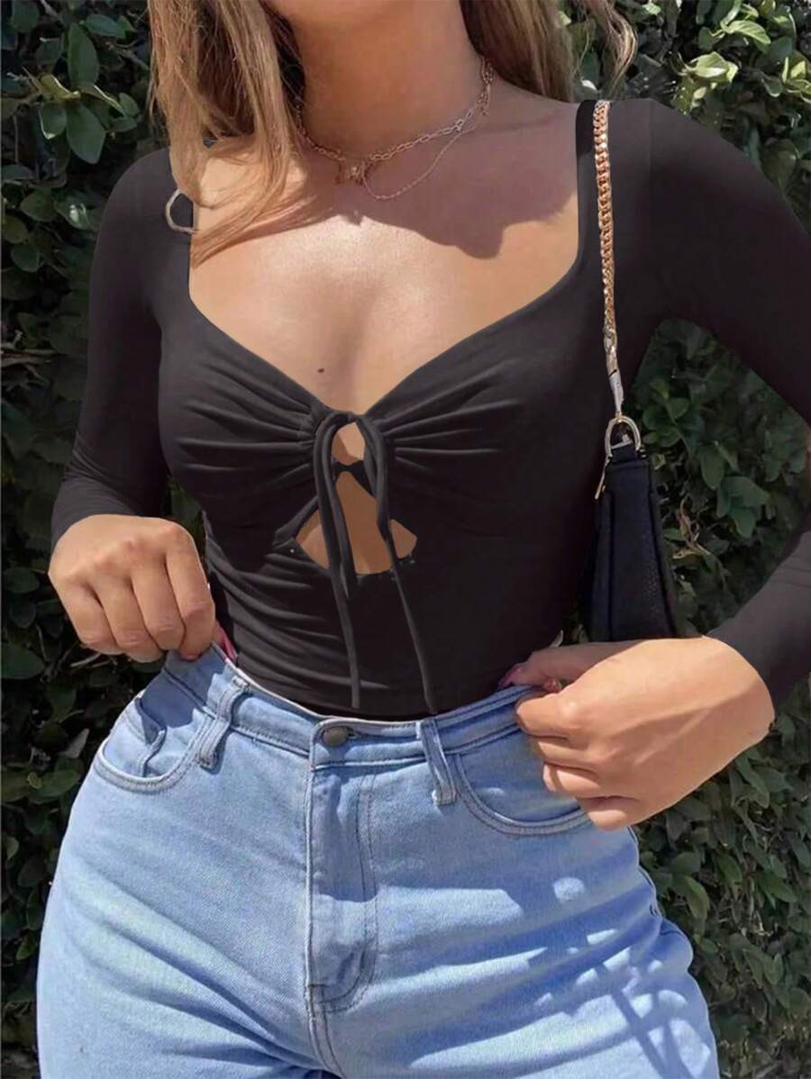 INAWLY 1pc Women's Fitted Sexy Lace-Up Long Sleeve T-Shirt, For Outdoor Spring/Autumn | SHEIN