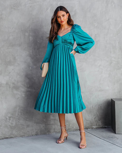 Romantic One Satin Pleated Midi Dress - Emerald | VICI