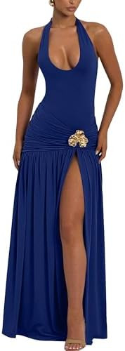 YMDUCH Women's Sexy Halter V Neck Sleeveless Ruched High Split Long Formal Cocktail Party Dress | Amazon (US)