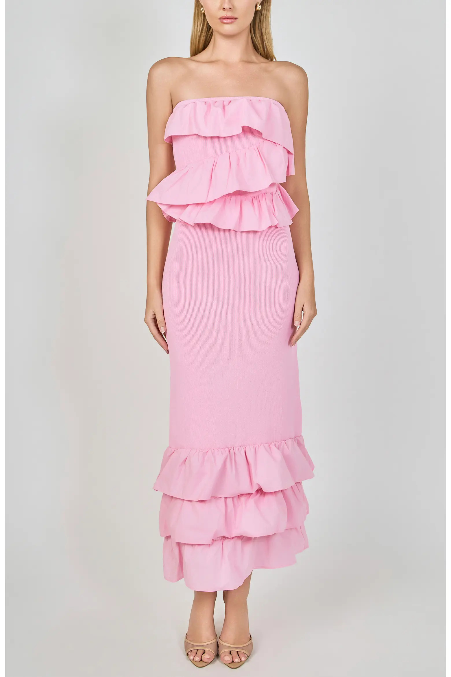 Endless Rose Ruffle Detail Mixed Media Strapless Dress (Women) | Nordstrom | Nordstrom