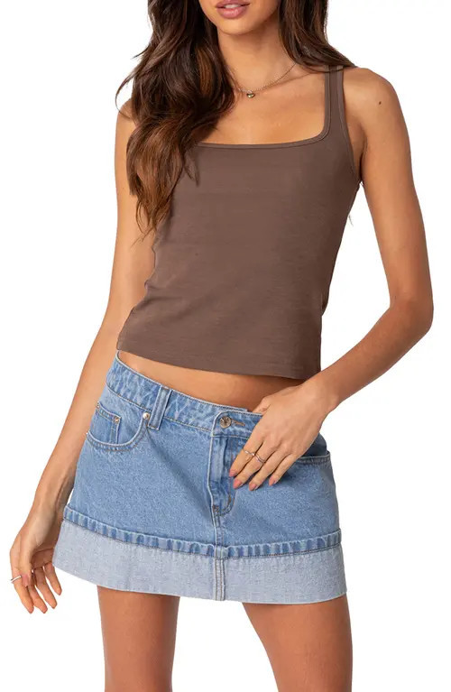 EDIKTED Square Neck Cotton Blend Tank Top in Brown at Nordstrom, Size X-Small | Nordstrom